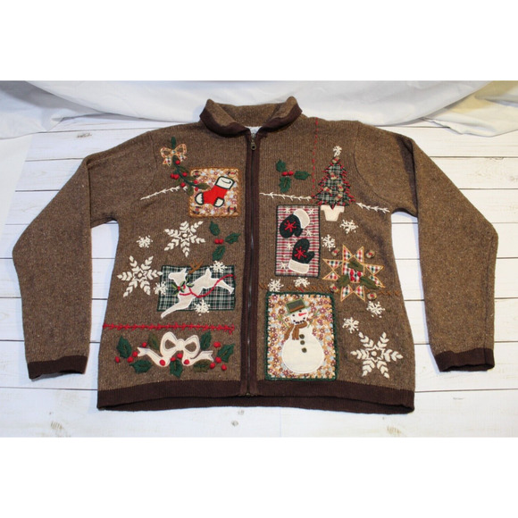 B.P.Design Vtg Wool Blend Women's M Brown Full-Zip Christmas Sweater Embroidered - Picture 3 of 13